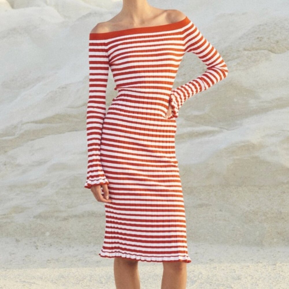 Caroline Constas red ribbed off shoulder midi dress XS